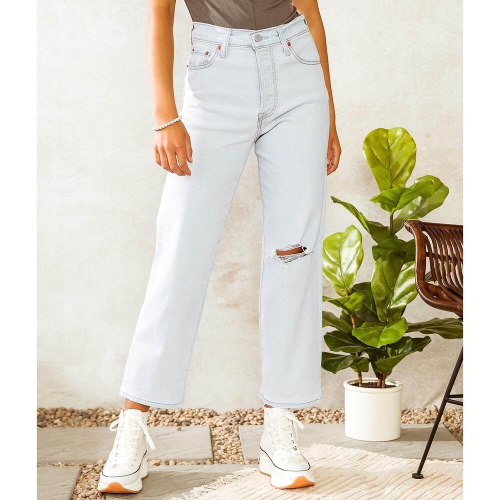 Levis Ribcage Straight Ankle Jeans Summer Space Ripple Medium Wash Blue Women